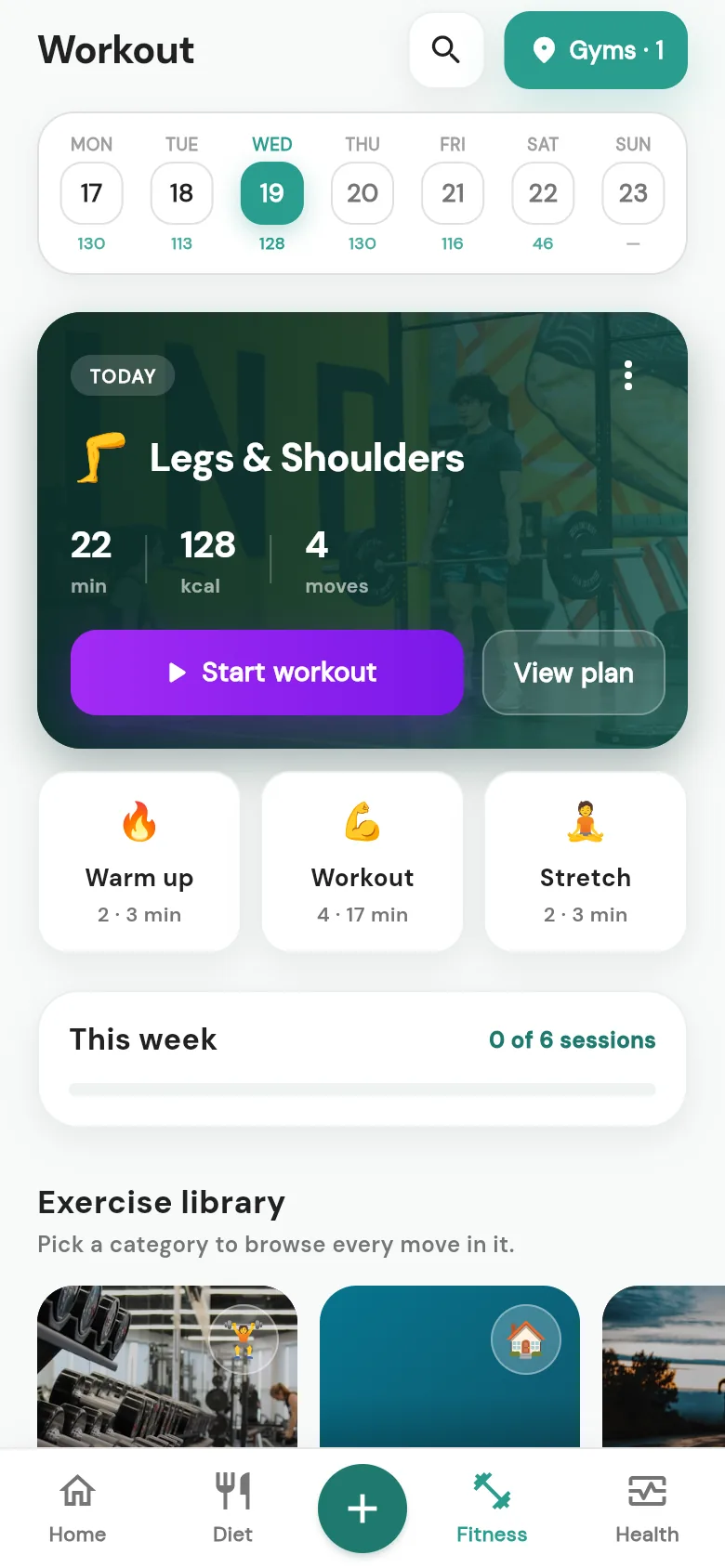 The FrisKit workout tab: a week strip with per-day calorie burn, today's Legs and Shoulders session at 22 minutes and 128 kcal, and warm-up, workout and stretch blocks.